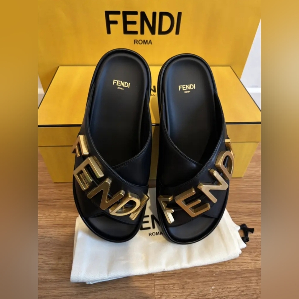 Fendi Logo Letter CrissCross Slide Sandals